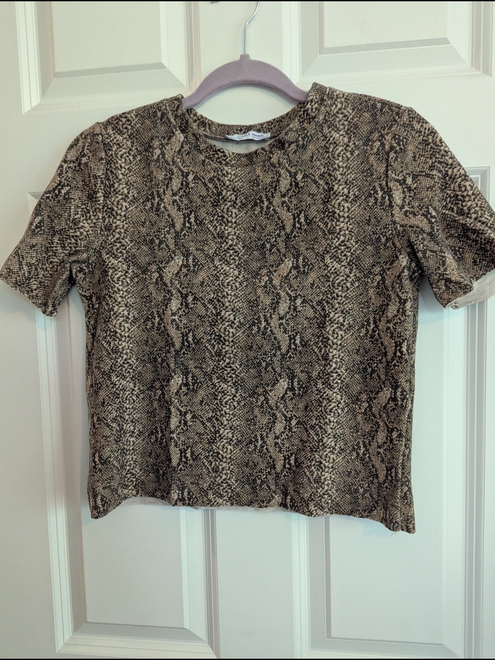 Zara Trafaluc Short Sleeve Snake-Pattern Top in Brown & Black